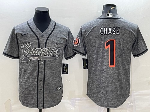 Men's Cincinnati Bengals #1 Ja'Marr Chase Gray With Patch Cool Base Stitched Baseball Jersey